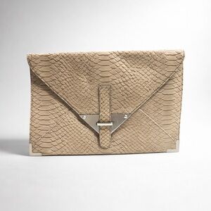 Tarnish Leather envelope-style clutch snakeskin texture, silver-toned hardware